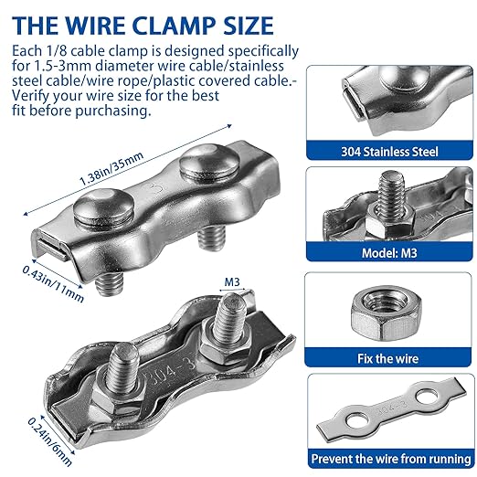 M3 Stainless Steel Duplex Wire Rope Clips 12Pcs, 1/8 Inch Double Bolt Cable Clamp for 1.5-3mm Wire Cables
