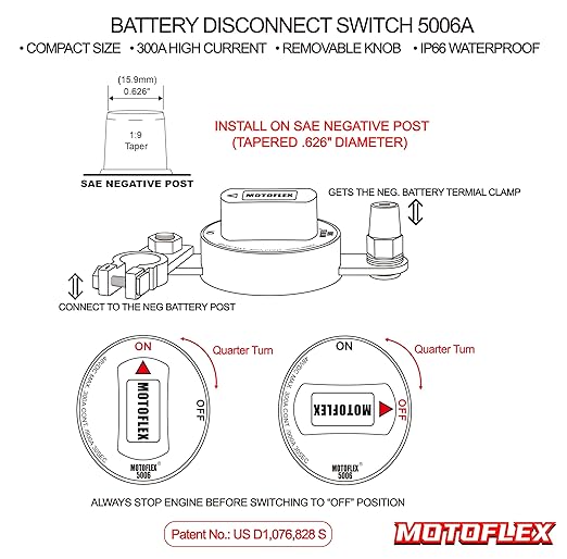 Battery Disconnect Switch 12V-48V Top Post Battery Quick Disconnect, Battery Cut Off Switch for Car Truck RV Boat Heavy Duty 300A/900A (Compact Size, On/Off, Removable Knob)
