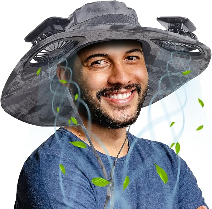 Solar Fan Sun Hat, Widen Brim Outdoor Fishing Men Hat with 2 Fans, Adjsutable 180°Rotating Cooling UPF 50+
