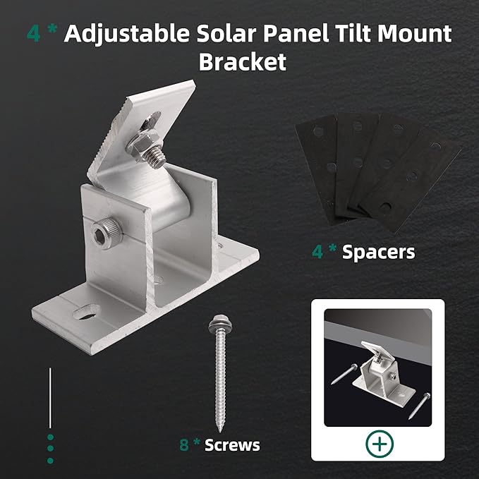 4 Pack Adjustable Solar Panel Tilt Mount Bracket Base, Tilt Angle 10°-60° Flat Roof Mount Holder, RV Solar Panel Mounts Clamp Roof Stand