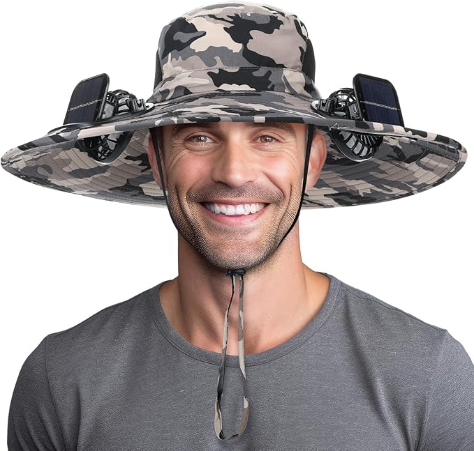 Berlune Men Sun Hat with 2 Solar Fans Wide Brim Outdoor Fishing Hat USB & Solar Powered for Sun Protection Camping Hiking