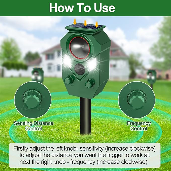 Ultrasonic Animal Repeller Outdoor - Cat Repellent & Deterrent with PIR Sensor & Flashing Light,Solar Powered Deer Repellent for Squirrels, Raccoons, Skunks,Rabbits,and Dogs, IP65 Waterproof （2 Pack）
