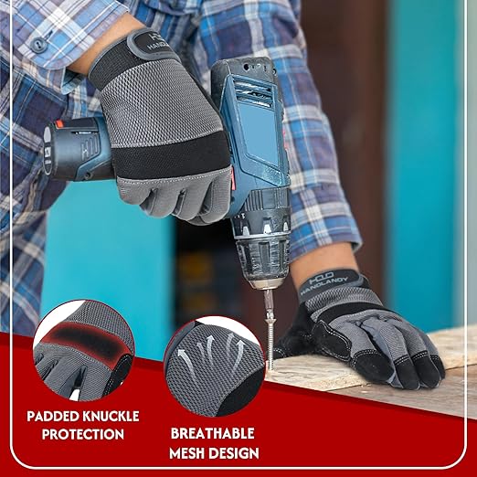 HANDLANDY Working Gloves for Men & Women, Safety Work Gloves with Grip for Warehouse Construction Garden Yard Outside (Grey-Grip, Medium (Pack of 1))