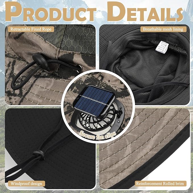 Berlune Men Sun Hat with 2 Solar Fans Wide Brim Outdoor Fishing Hat USB & Solar Powered for Sun Protection Camping Hiking
