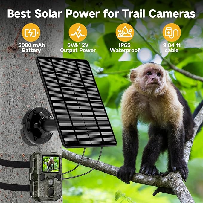 Solar Panel for Trail Camera, 5000mAh Rechargeable Battery Trail Camera Solar Panel for Continuous Charging of Trail Cameras (12V 1A & 6V 1.5A Output), IP66 Waterproof Best for Outdoor Use
