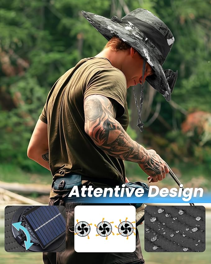 Solar Panel Powered Fan Built in Wide Brim Outdoor Fishing Hat USB Charging Men Ultralight Sun Bucket Mission Cooling Cap