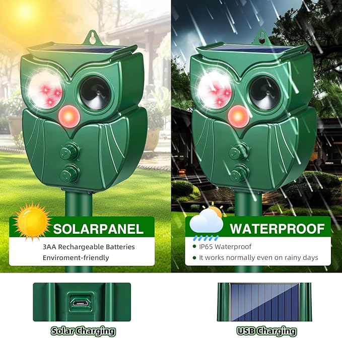 2 Pack Solar Animal Repeller: Ultrasonic Cat Repellent Outdoor with Motion Sensor - Waterproof Bear & Goose Deterrent with LED Flash - Effective Squirrel, Raccoon & Dog Repellent for Yard & Garden