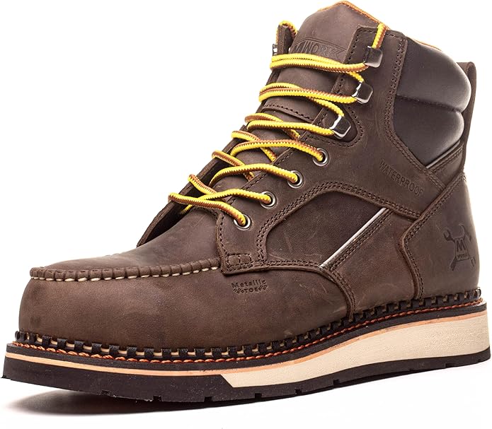 MWORK 6" Moc Toe Work Boots For Men Wedge Sole Leather Waterproof ASTM F2413-18 Safety Metallic Toe EH Rated Arch Support Anti Fatigue
