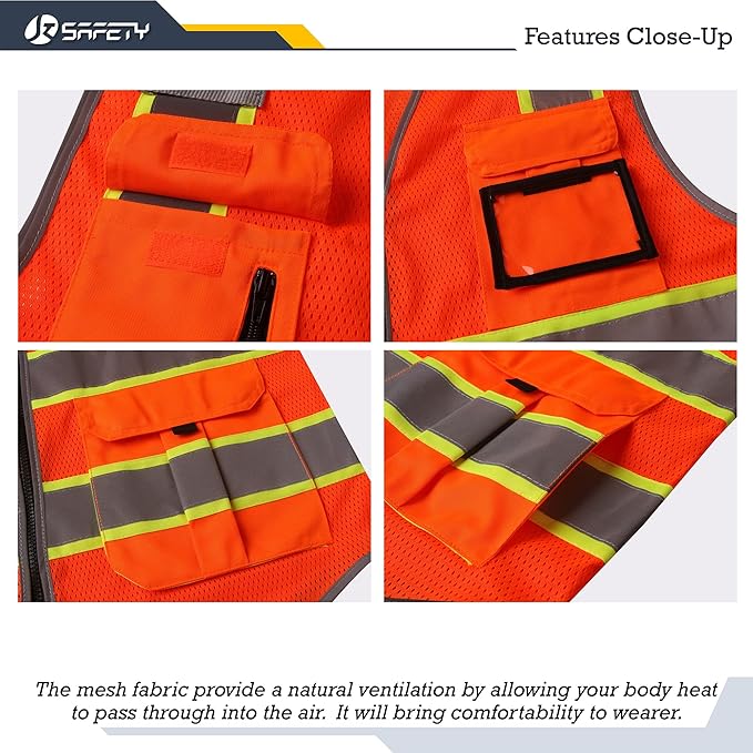JKSafety 9 Pockets Hi-Vis Mesh Safety Vest for men and women | Chaleco reflectante de seguridad | Zipper Front | Multiple Pockets | Class 2 (140-Orange L)