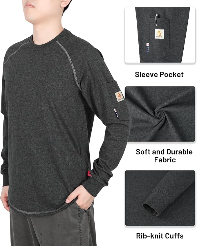 BOCOMAL FR Shirts Heather Series 6oz Flame Resistant T Shirt NFPA2112 CAT2 Fire Retardant Crew Work Shirt