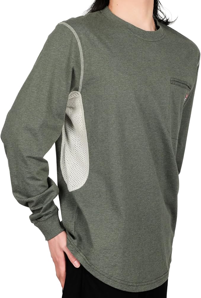 BOCOMAL FR Shirts for Summer Breathable Vented Design 6oz Heather Jersey Flame Resistant Long Sleeve Crew T Shirt