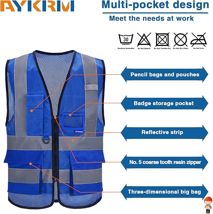 A-SAFETY High Visibility Mesh Safety Reflective Vest with Pockets and Zipper,Hi Viz Work Vest for Men Women (Blue Mesh 4XL-5XL)