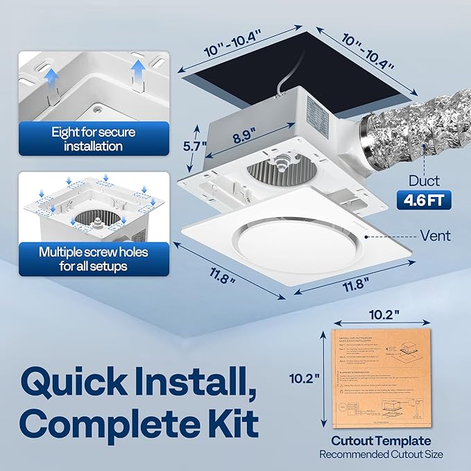 VIVOHOME AutoFlow Bathroom Exhaust Fan with Humidity Sensor (160-110-30CFM) - Energy-Saving EC Motor,10.2-inch Ceiling Retrofit Bath Fan, No Attic Access Needed(Install Kit, 4-in Duct Included)