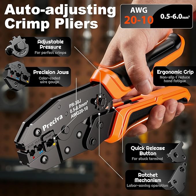 Preciva Crimping Tool for Insulated Terminals Wire Connectors, AWG20-10 Ratchet Crimper with Automatic Wire Stripper and 380 Pcs Insulated Terminals Connectors