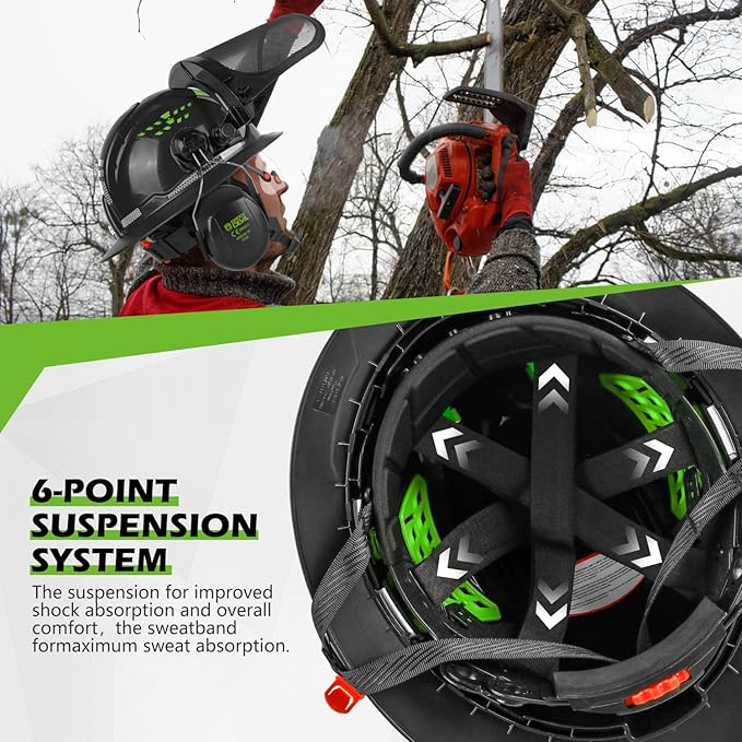 GREEN DEVIL Industrial Chainsaw Helmet with Face Shield Built in Visor and Ear Muffs 4 in 1 System ANSI Z89.1 Safety Hard Hat Adjustable Headgear Ideal for Forestry and Arborist Work Full Brim Style