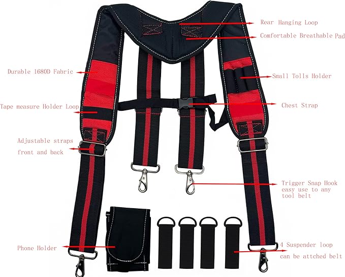 Tool Belt Suspender for Men 4 Point Padded with Attachment Loops, WristBand Pouch Pocket for Construction Worker