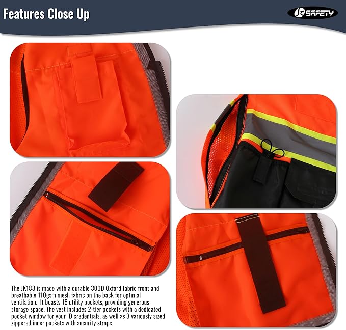 JKSafety Hi-Vis Unisex Surveyor Safety Vest Heavy Duty PPE Inner Pockets ANSI/ISEA Compliant