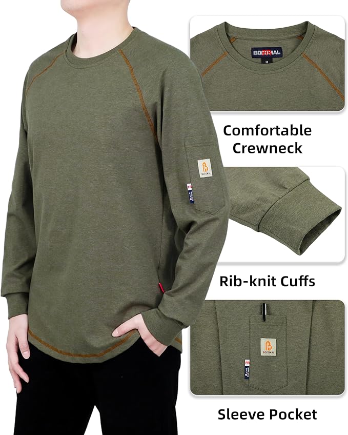 BOCOMAL FR Shirts Heather Series 6oz Flame Resistant T Shirt NFPA2112 CAT2 Fire Retardant Crew Work Shirt