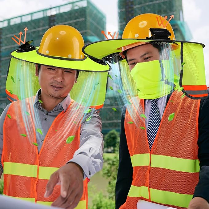 2 Sets Sun Hard Hat Shade Neck Protection with Solar Fans, Full Brim High Visibility Sun Visor Mesh Bandana Scarf for Hard Hat Accessories, Reflective(Fluorescent Yellow)