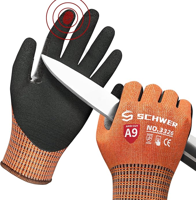 Schwer ProGuard Highest Level Cut Resistant Work Gloves PR3326 for Extreme Protection，ANSI A9 Cut Gloves with Reinforced Thumb, Non Slip, Breathable, Durable, Touch-screen, Orange 1 Pair（L）