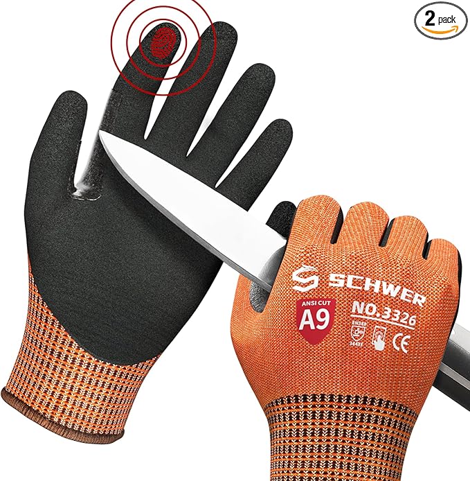 Schwer ProGuard High Level Cut Resistant Work Gloves PR3326 for Extreme Protection, ANSI A9 Cut Gloves with Reinforced Thumb, Non Slip, Durable, Touch-screen, Orange 2 Pairs(XL)