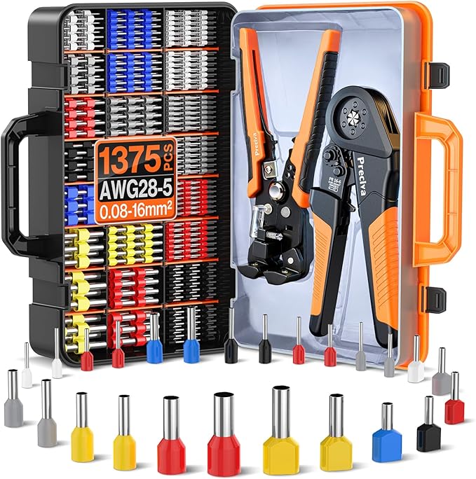 Preciva Ferrule Crimping Tool Kit - AWG 28-5 Hexagonal Ferrule Crimper with Automatic Wire Stripper and 1375Pcs Single/Twin Ferrule Connectors, Self-Adjustable Ratchet Ferrule Terminals Crimping Tool