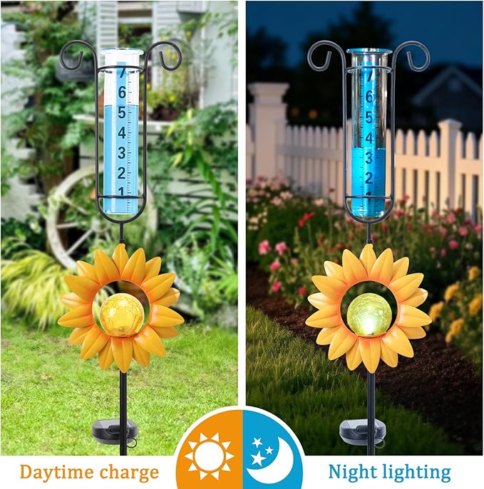 WONDER GARDEN Solar Rain Gauge Outdoor, Sunflower Decorative Rain Gauges Outdoors Best Rated with Yellow Crackled Glass Ball, Freeze Proof Water Rain Measure Gauge for Yard Patio Lawn Decor