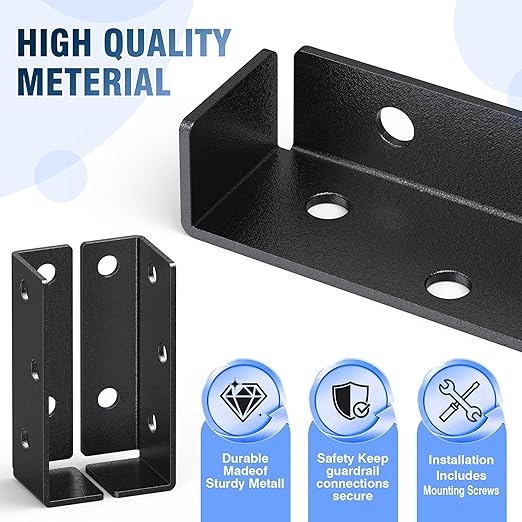 10PASK Metal Deck Railing Bracket Connector, Adjustable Fence Bracket for Vinyl Fence Panel to Post, for Deck, Railing Wood Post, Porch Handrail, Beam Hanger (Black)
