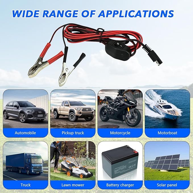 SAE to Alligator Clips Wire Harness with OnOff Switch 12V24V Quick Disconnect Extension Cord for Pump Motorcycle Car Battery Solar Panels, Use On Lawn and Garden Sprayers, 8.2Ft2.5M