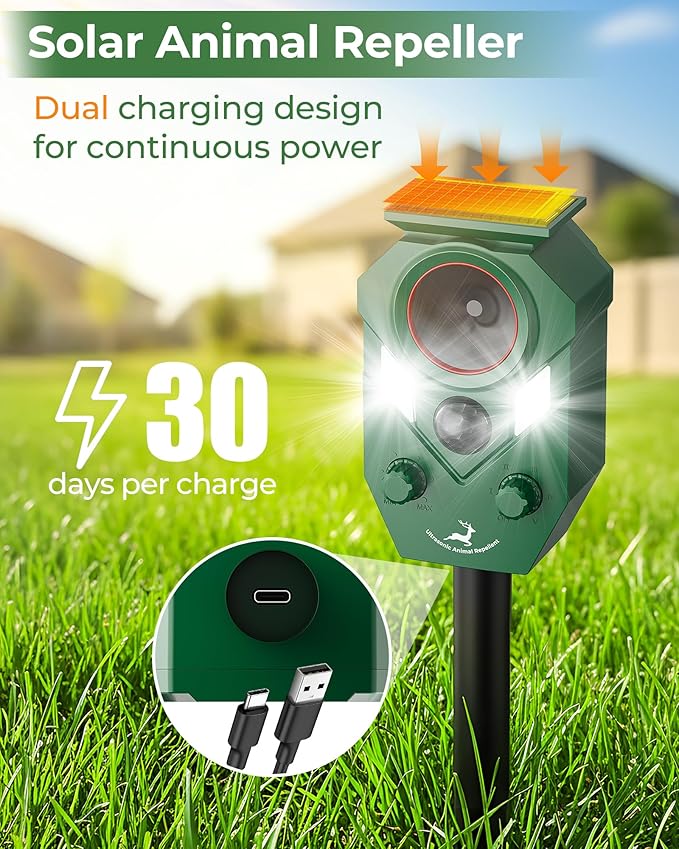 Solar Deer Repellent Devices Outdoor - Ultrasonic Animal Repellent with Motion Sensor & Strobe Light, Waterproof Animals Deterrent for Yard Garden Farm to Repel Cats, Coyote, Squirrels