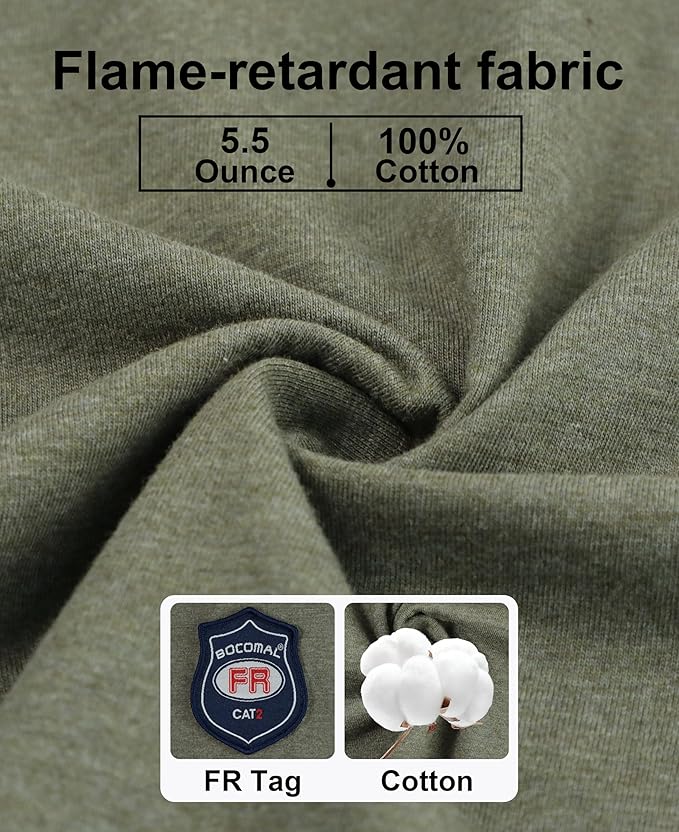 BOCOMAL FR Shirts Flame Resistant Shirt 5.5oz 100% Cotton Light Weight CAT2 Fire Retardant Henley Shirts