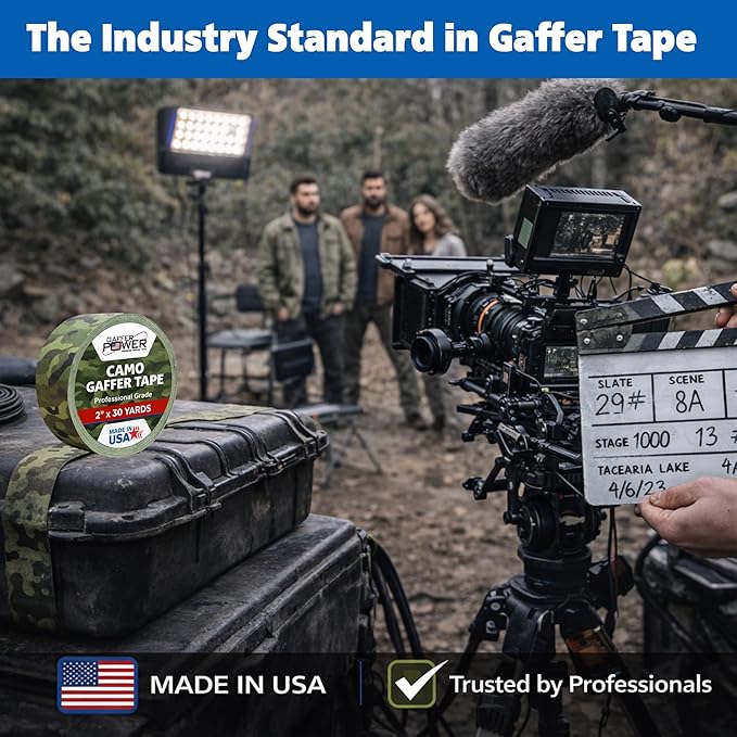 Gaffer Power Army Green Camo Gaffer Tape – Professional Grade, Made in USA, Non-Reflective Matte Cloth Tape, Heavy Duty, Easy Tear, Residue-Free – 2 Inch x 25 Yards