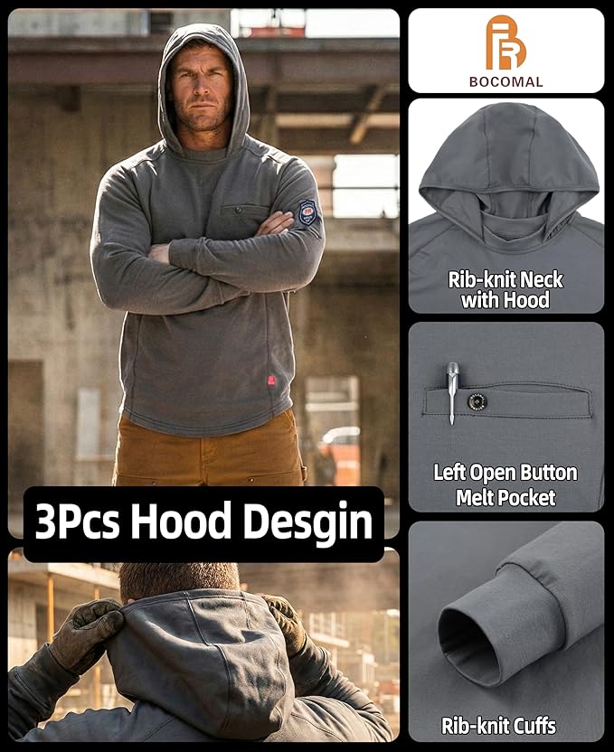 BOCOMAL FR Hooded T Shirts Chest Pocket Fire Resistant Summer Hoodie NFPA2112 CAT2 Flame Retardant FRC Welding Work Shirt