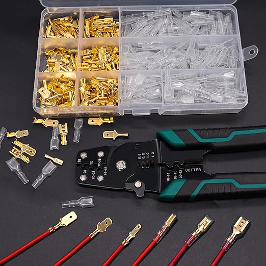 Twidec/360Pcs 2.8/4.8/6.3mm Quick Splice Male and Female Wire Spade Connector Crimp Terminal Block Assortment Kit Golden with Insulating Sleeve for Electrical Wiring Car with Wire Crimper Tool