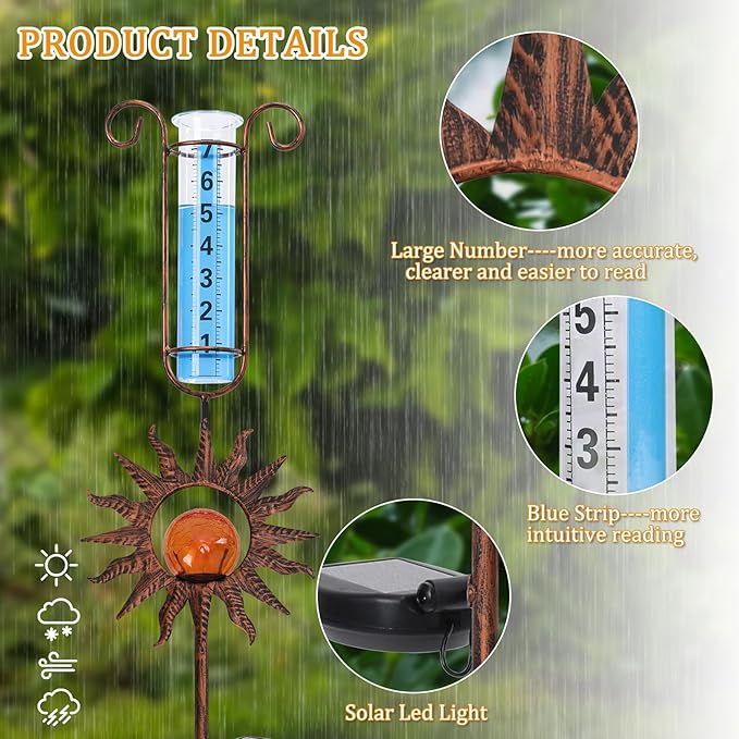 WONDER GARDEN Solar Rain Gauge Outdoor, Sun Decorative Rain Gauges Outdoors Best Rated with Orange Crackled Glass Ball, Freeze Proof Water Rain Measure Gauge for Yard Patio Lawn Decor