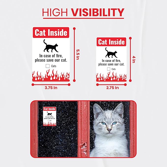Cat Inside Sticker 5 Pack Durable, Waterproof- in Case of Fire Please Save Our Cat” Pet Rescue Label Set, 2 x Large (3.75 x 5.5) Inch & 3 x (2.75 x 4) Inch | Self-Adhesive, UV-Resistant, Water-Proof
