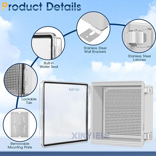 Waterproof Outdoor Project ABS Plastic Junction Box IP67 Weatherproof Dustproof Enclosure with Hinged Cover, Mounting Plate,Wall Brackets for Power Project (Clear, 11.8"x11.8"x7.1")
