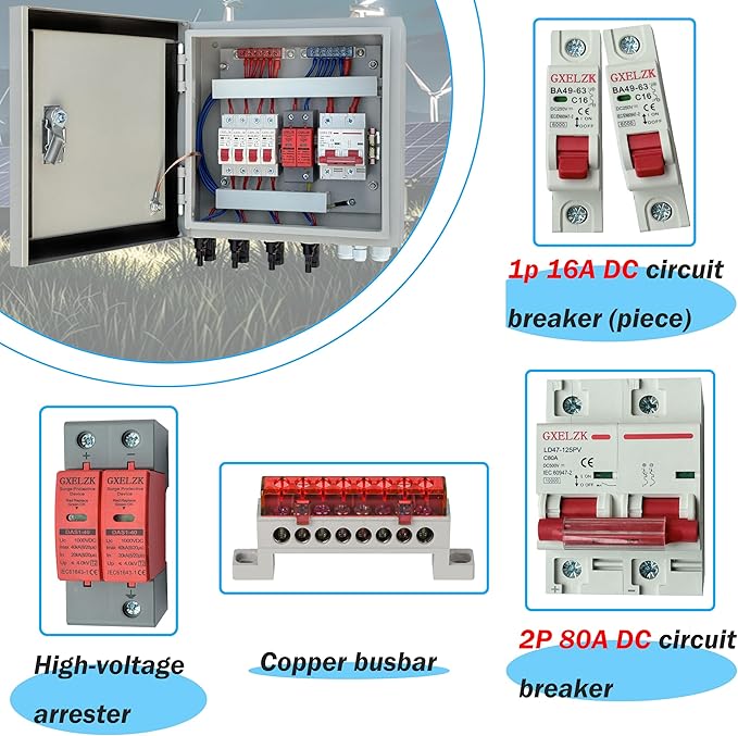 Hardcover Solar Combiner Box with 4 Strings, 80 A Circuit Breakers. This pv Combiner Box is Suitable for Off-Grid Solar Power High-Power Version