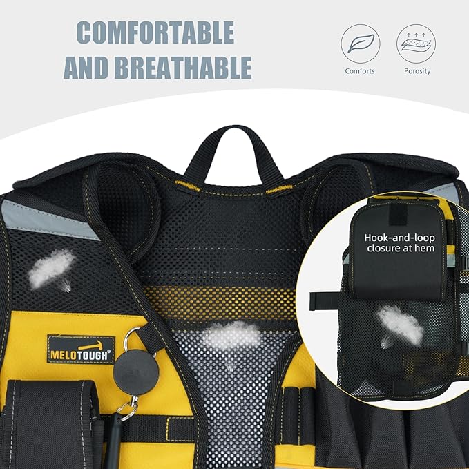 MELOTOUGH Tool Vest Reflective Safety Tool Vest with Removable Phone Holder,Retractable Pen Holder for Handyman,Electrician,Carpenters(Yellow)