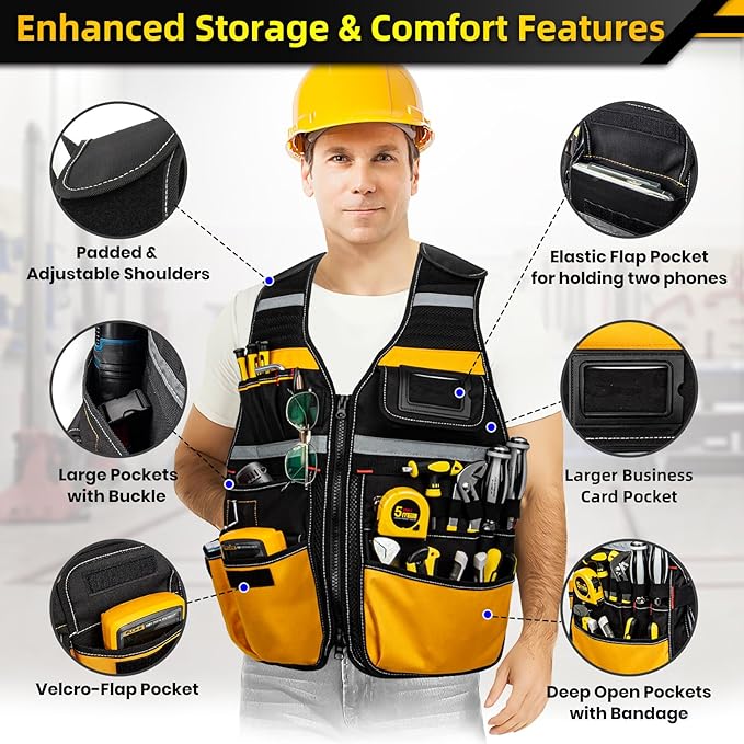 Electrician Tool Vest, Tool Vest for Men, Tool Vest Electrician with Drill Holster, 17 Storage Spaces, 1680D Heavy Duty Adjustable Work Vest with Reflective Strips, Yellow