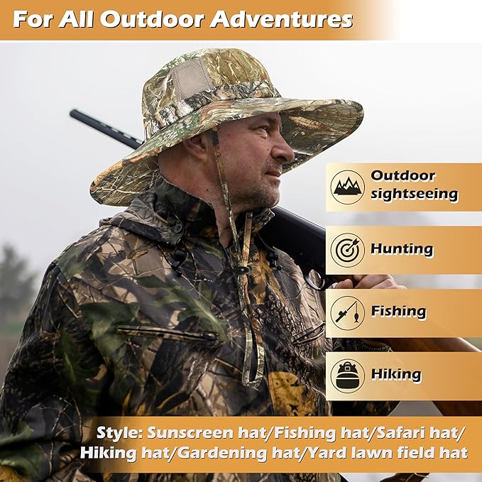 Men Safari Sun Hat Wide Brim Boonie Fishing Cap with Adjustable Drawstring