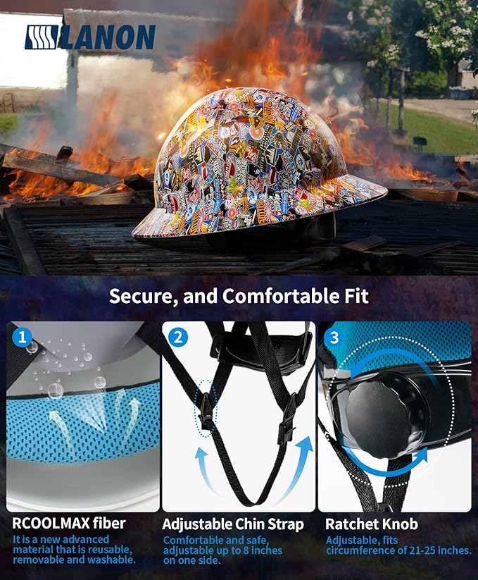 LANON Full Brim Hard Hat, OSHA Construction Work Approved, Premium Multicolor Design, FRP Safety Helmet with 4 Point Adjustable Ratchet Suspension, Class C