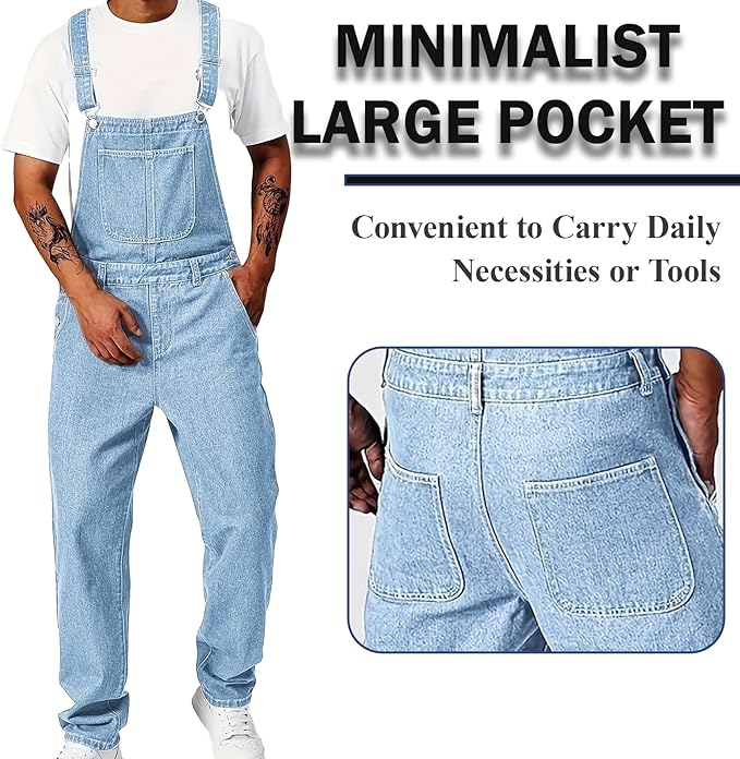 Men's Bib Overall Relaxed Fit Adjustable Strap Denim Work Pants with Large Pockets Durable Comfortable Jumpsuit for Men