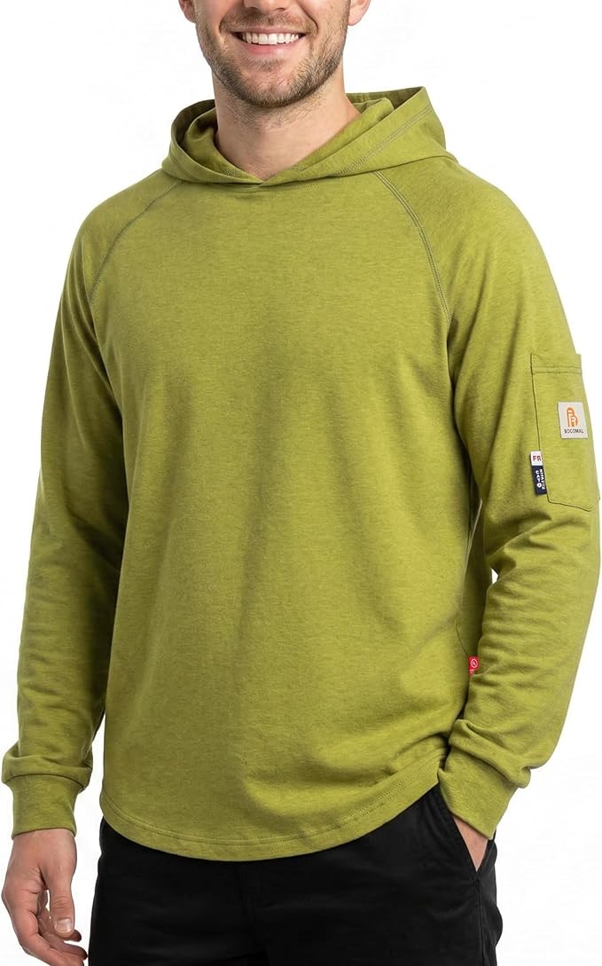 BOCOMAL FR Hooded T Shirts Heather Series 6oz Flame Resistant NFPA2112 CAT2 Fire Retardant Hoodies Work Shirt