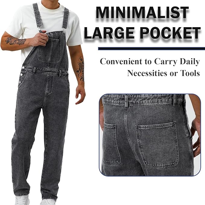 Men's Bib Overall Relaxed Fit Adjustable Strap Denim Work Pants with Large Pockets Durable Comfortable Jumpsuit for Men