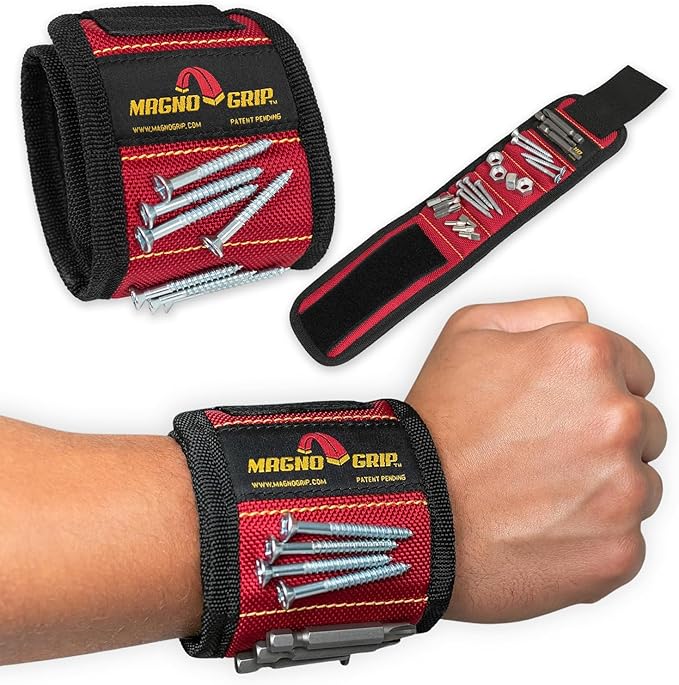 MagnoGrip Magnetic Wristband for Holding Screws, Nails, Drill Bits, Super Strong Magnets, Adjustable Strap, Essential Tool for DIYers, Handyman, Mechanics, Construction & Home Improvement - Red