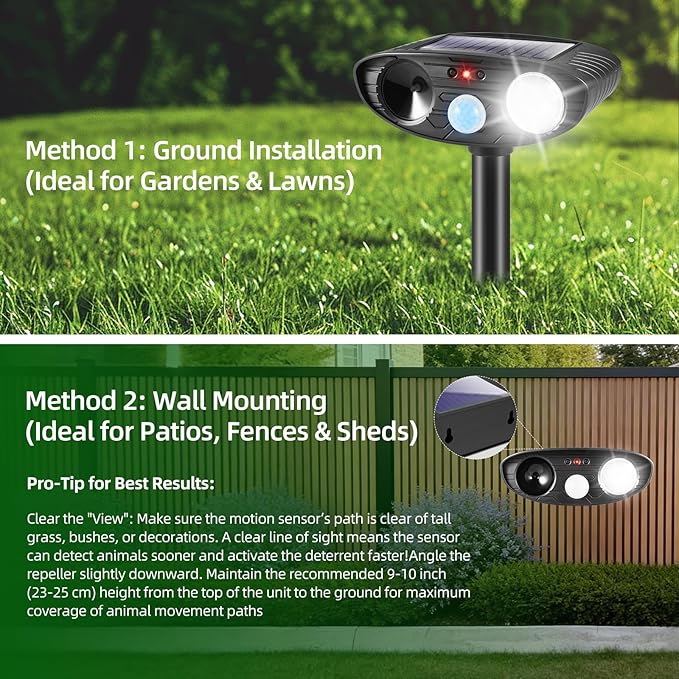 2Pack Solar Ultrasonic Animal Repellent Outdoor Cat,Deer Repellent Devices Squirrel Raccoon Rabbit Deterrent,Waterproof Motion Detection with Flash Light for Vegetable Garden,Backyard,Lawn