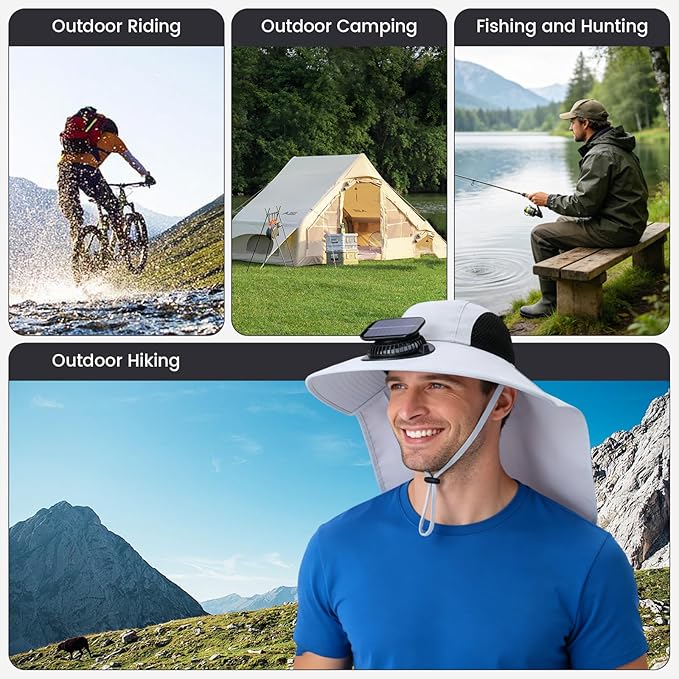 Solar Fan Hat Wide Brim Hat with Fan Sunscreene Neck Flap 3-Speed Outdoor Sun Hat for Fishing,Hiking,USB Solar Charging