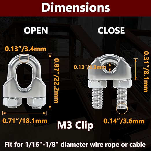 20PCS 1/8 Inches M3 Stainless Steel Wire Rope Cable Clip Clamp