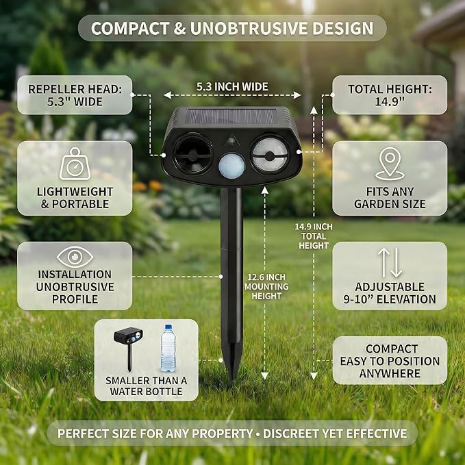 Solar Ultrasonic Animal Repeller Outdoor, Motion Sensor Waterproof Pest Deterrent, Raccoon Skunk Fox Squirrel Rabbit Dog Cat Deer Repellent for Yard Garden Farm, 33ft 120° Coverage, 2 Pack Black